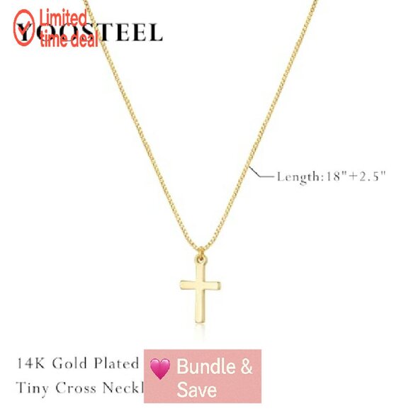 Dainty 14K Gold Plated Cross Pendant Necklace 18"+2.5" Extender - Picture 5 of 8